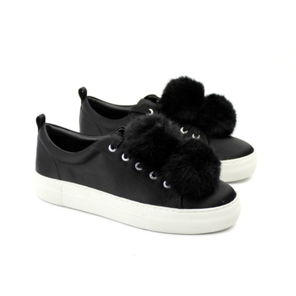 J/SLIDES Shoes - J/Slides Alpha Satin Pompom Platform Sneakers 8.5